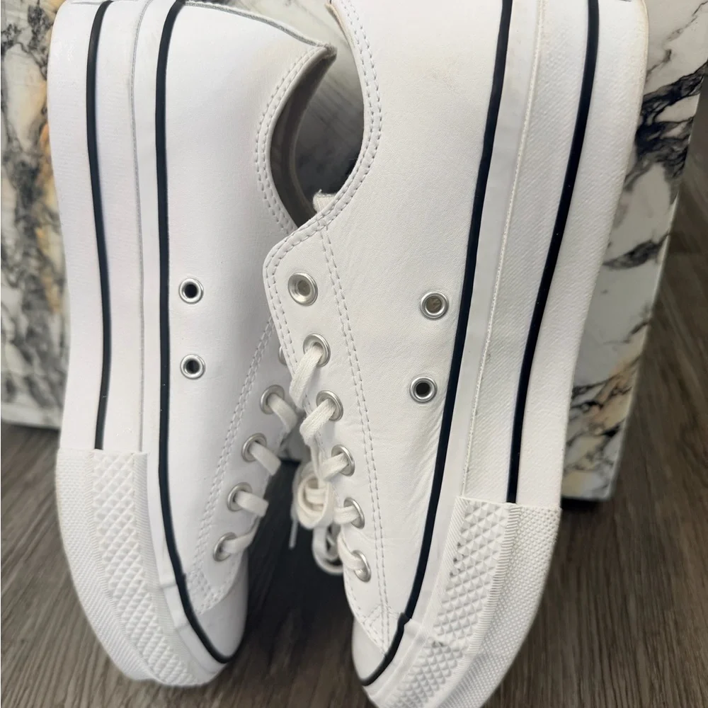 Converse White Low Top Canvas Sneakers with Black Trim - Picture 3 of 7